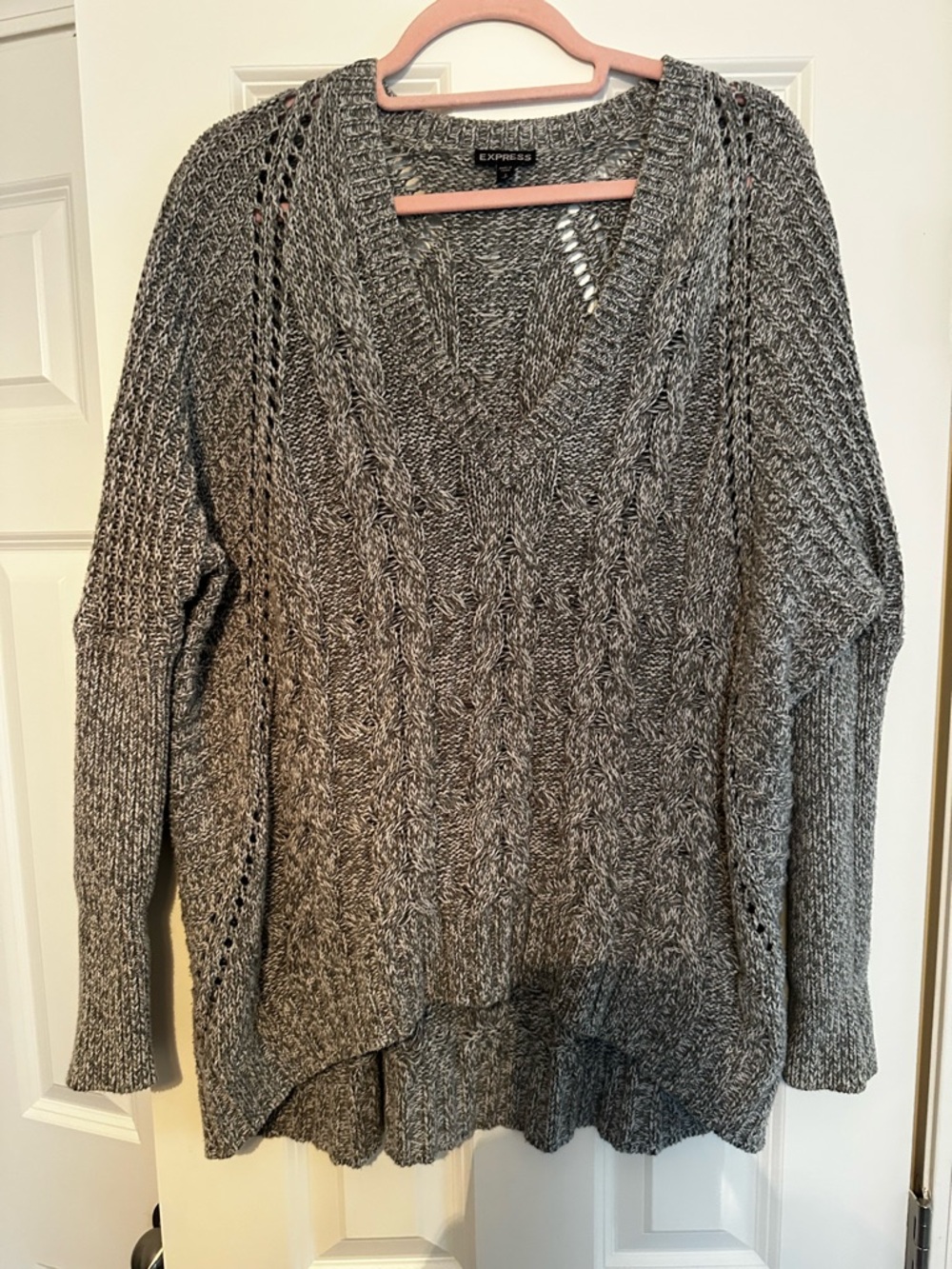 Express Gray Marled Cable Knit V-Neck Sweater